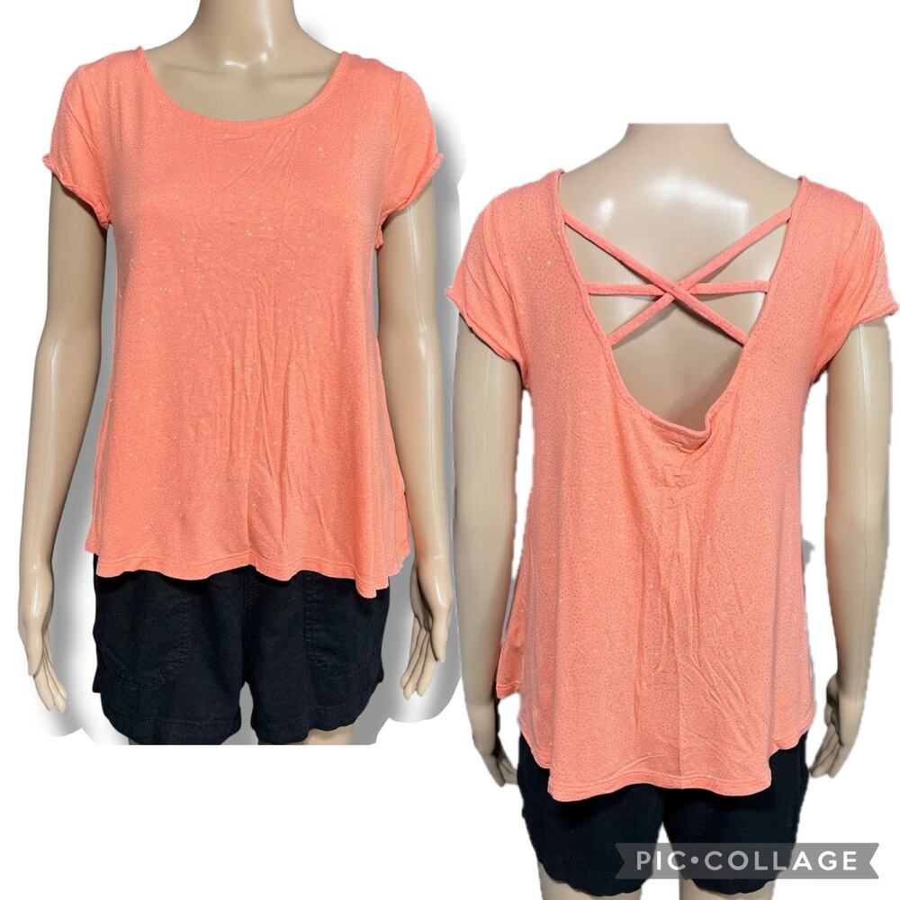 JLo Jennifer Lopez Womens Cross Back Swing T Shirt Top Gold Specked Orange Small